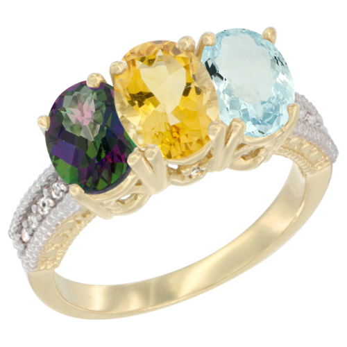 10K Yellow Gold Diamond Natural Mystic Topaz, Citrine & Aquamarine Ring 3-Stone 7x5 mm Oval, sizes 5 - 10