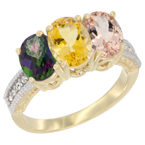 10K Yellow Gold Diamond Natural Mystic Topaz, Citrine & Morganite Ring 3-Stone 7x5 mm Oval, sizes 5 - 10