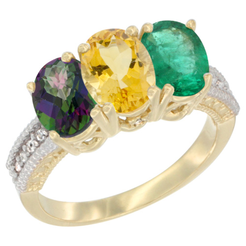 10K Yellow Gold Diamond Natural Mystic Topaz, Citrine & Emerald Ring 3-Stone 7x5 mm Oval, sizes 5 - 10