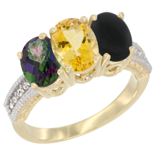 10K Yellow Gold Diamond Natural Mystic Topaz, Citrine & Black Onyx Ring 3-Stone 7x5 mm Oval, sizes 5 - 10