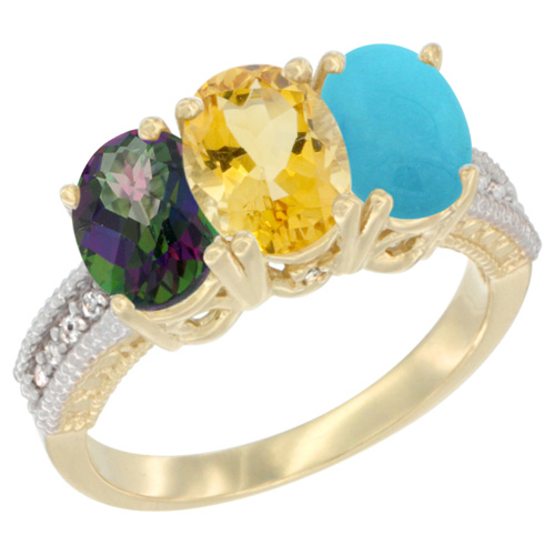 10K Yellow Gold Diamond Natural Mystic Topaz, Citrine & Turquoise Ring 3-Stone 7x5 mm Oval, sizes 5 - 10