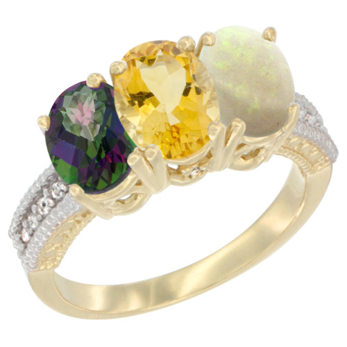 10K Yellow Gold Diamond Natural Mystic Topaz, Citrine & Opal Ring 3-Stone 7x5 mm Oval, sizes 5 - 10