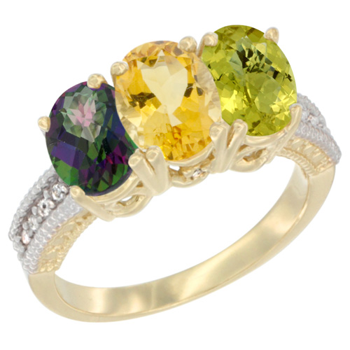 10K Yellow Gold Diamond Natural Mystic Topaz, Citrine & Lemon Quartz Ring 3-Stone 7x5 mm Oval, sizes 5 - 10