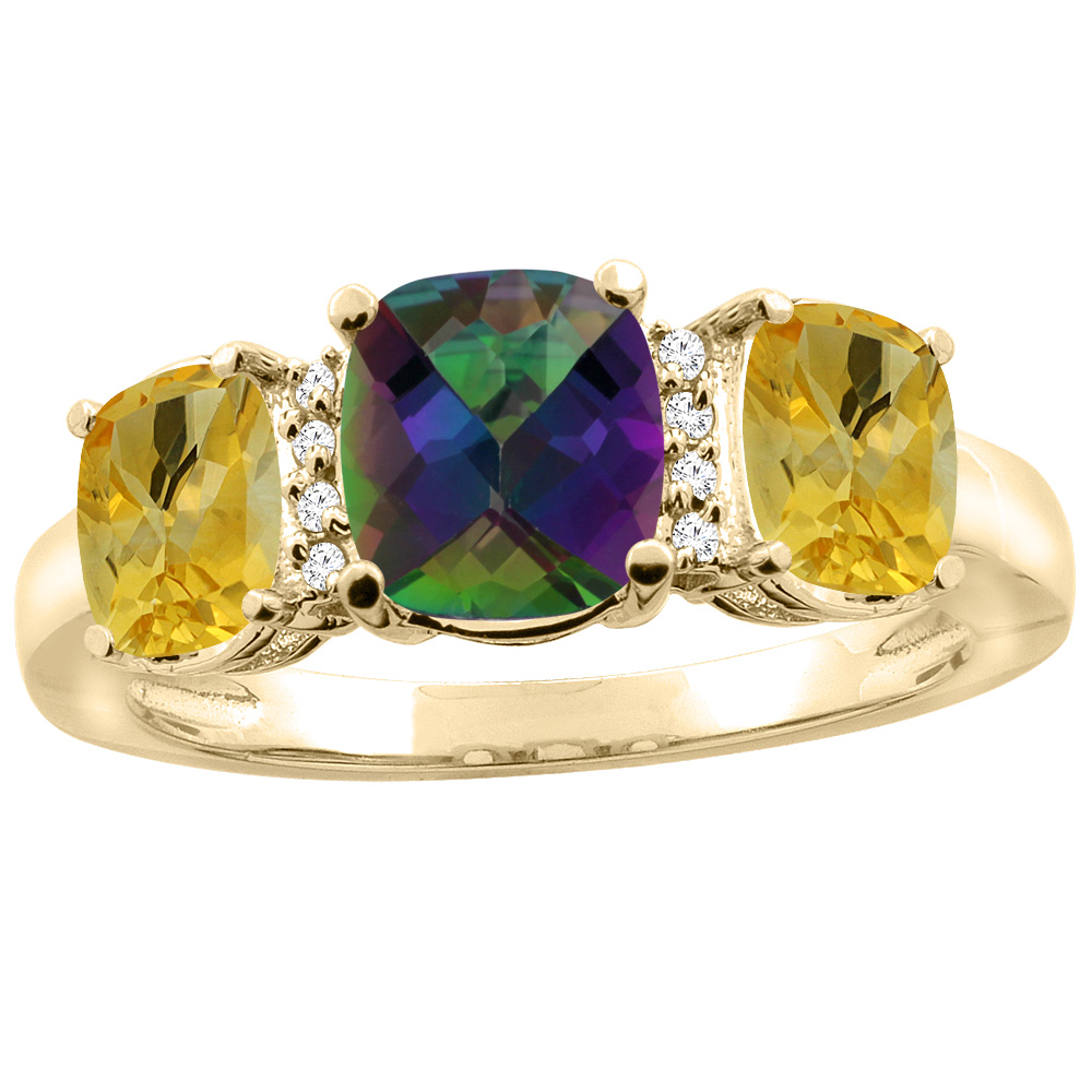 10K Yellow Gold Natural Mystic Topaz & Citrine 3-stone Ring Cushion 8x6mm Diamond Accent, sizes 5 - 10