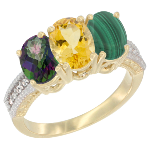 10K Yellow Gold Diamond Natural Mystic Topaz, Citrine & Malachite Ring 3-Stone 7x5 mm Oval, sizes 5 - 10