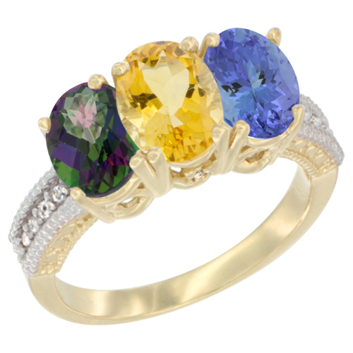 10K Yellow Gold Diamond Natural Mystic Topaz, Citrine & Tanzanite Ring 3-Stone 7x5 mm Oval, sizes 5 - 10