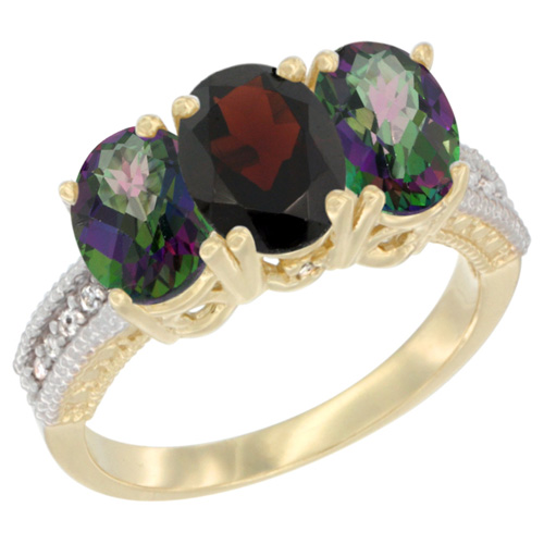 14K Yellow Gold Natural Garnet & Mystic Topaz Ring 3-Stone 7x5 mm Oval Diamond Accent, sizes 5 - 10