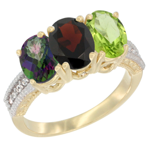 14K Yellow Gold Natural Mystic Topaz, Garnet & Peridot Ring 3-Stone 7x5 mm Oval Diamond Accent, sizes 5 - 10