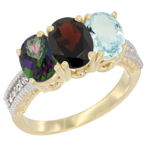 14K Yellow Gold Natural Mystic Topaz, Garnet & Aquamarine Ring 3-Stone 7x5 mm Oval Diamond Accent, sizes 5 - 10