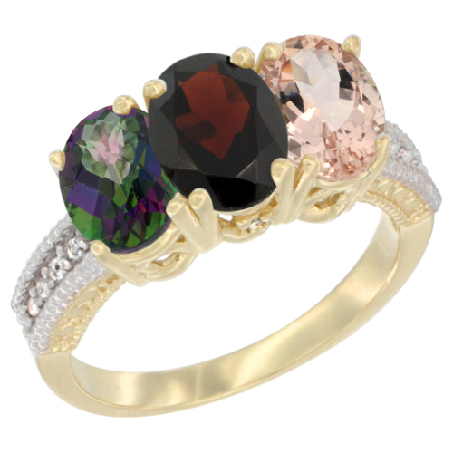 14K Yellow Gold Natural Mystic Topaz, Garnet & Morganite Ring 3-Stone 7x5 mm Oval Diamond Accent, sizes 5 - 10