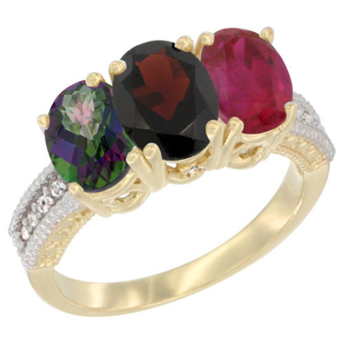 14K Yellow Gold Natural Mystic Topaz, Garnet & Enhanced Ruby Ring 3-Stone 7x5 mm Oval Diamond Accent, sizes 5 - 10