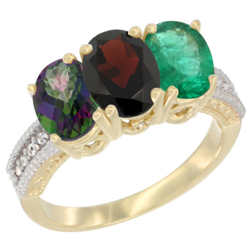14K Yellow Gold Natural Mystic Topaz, Garnet & Emerald Ring 3-Stone 7x5 mm Oval Diamond Accent, sizes 5 - 10