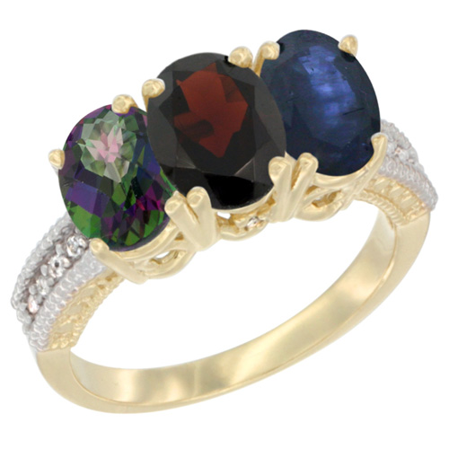14K Yellow Gold Natural Mystic Topaz, Garnet & Blue Sapphire Ring 3-Stone 7x5 mm Oval Diamond Accent, sizes 5 - 10
