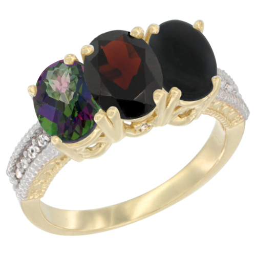 14K Yellow Gold Natural Mystic Topaz, Garnet & Black Onyx Ring 3-Stone 7x5 mm Oval Diamond Accent, sizes 5 - 10