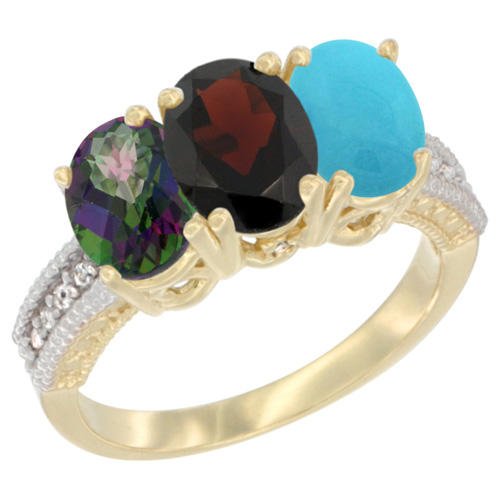 14K Yellow Gold Natural Mystic Topaz, Garnet & Turquoise Ring 3-Stone 7x5 mm Oval Diamond Accent, sizes 5 - 10