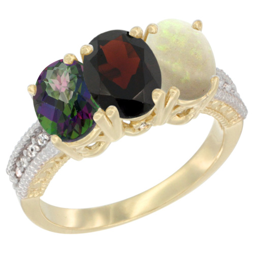 14K Yellow Gold Natural Mystic Topaz, Garnet & Opal Ring 3-Stone 7x5 mm Oval Diamond Accent, sizes 5 - 10