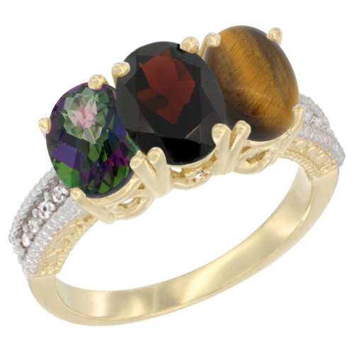 14K Yellow Gold Natural Mystic Topaz, Garnet & Tiger Eye Ring 3-Stone 7x5 mm Oval Diamond Accent, sizes 5 - 10