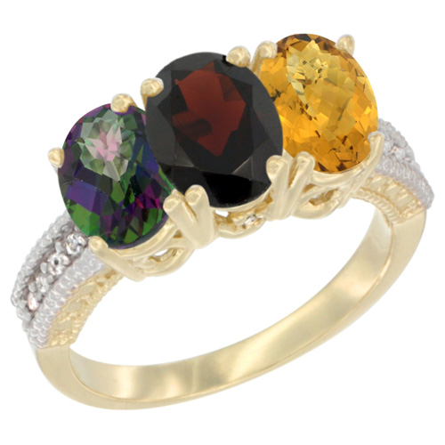 14K Yellow Gold Natural Mystic Topaz, Garnet & Whisky Quartz Ring 3-Stone 7x5 mm Oval Diamond Accent, sizes 5 - 10
