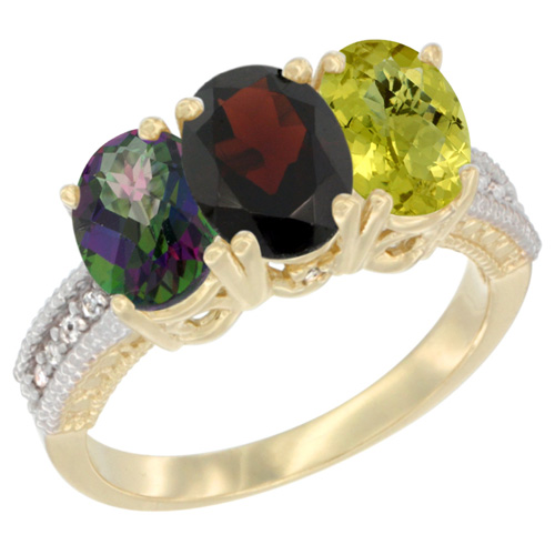 14K Yellow Gold Natural Mystic Topaz, Garnet & Lemon Quartz Ring 3-Stone 7x5 mm Oval Diamond Accent, sizes 5 - 10