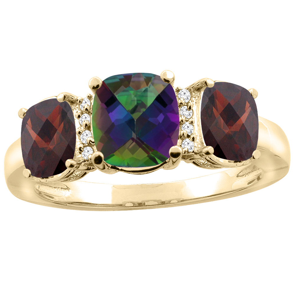 14K Yellow Gold Natural Mystic Topaz & Garnet 3-stone Ring Cushion 8x6mm Diamond Accent, sizes 5 - 10