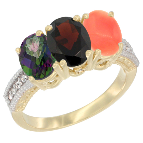 14K Yellow Gold Natural Mystic Topaz, Garnet & Coral Ring 3-Stone 7x5 mm Oval Diamond Accent, sizes 5 - 10