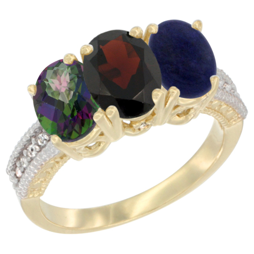 14K Yellow Gold Natural Mystic Topaz, Garnet & Lapis Ring 3-Stone 7x5 mm Oval Diamond Accent, sizes 5 - 10