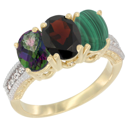 14K Yellow Gold Natural Mystic Topaz, Garnet & Malachite Ring 3-Stone 7x5 mm Oval Diamond Accent, sizes 5 - 10