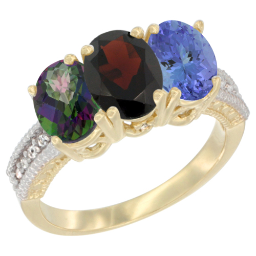 14K Yellow Gold Natural Mystic Topaz, Garnet & Tanzanite Ring 3-Stone 7x5 mm Oval Diamond Accent, sizes 5 - 10