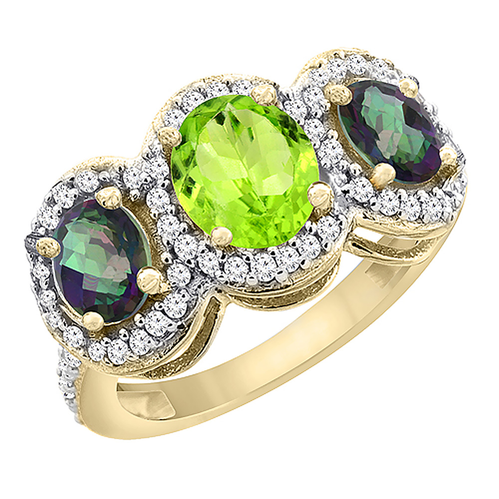 10K Yellow Gold Natural Peridot & Mystic Topaz 3-Stone Ring Oval Diamond Accent, sizes 5 - 10