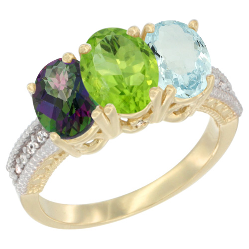 10K Yellow Gold Diamond Natural Mystic Topaz, Peridot & Aquamarine Ring 3-Stone 7x5 mm Oval, sizes 5 - 10