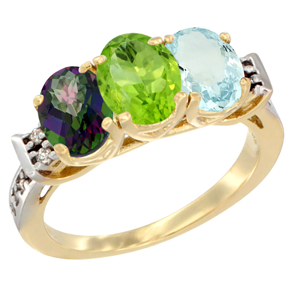 10K Yellow Gold Natural Mystic Topaz, Peridot & Aquamarine Ring 3-Stone Oval 7x5 mm Diamond Accent, sizes 5 - 10
