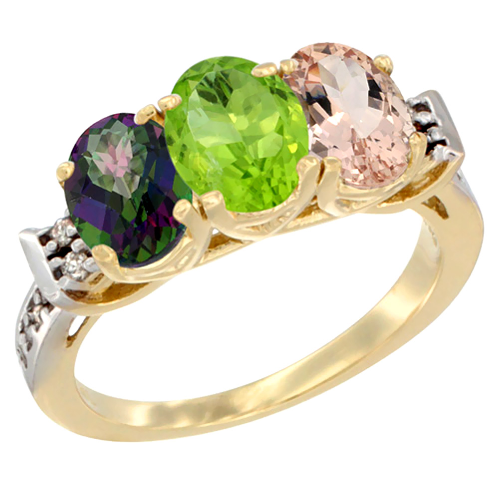 10K Yellow Gold Natural Mystic Topaz, Peridot & Morganite Ring 3-Stone Oval 7x5 mm Diamond Accent, sizes 5 - 10