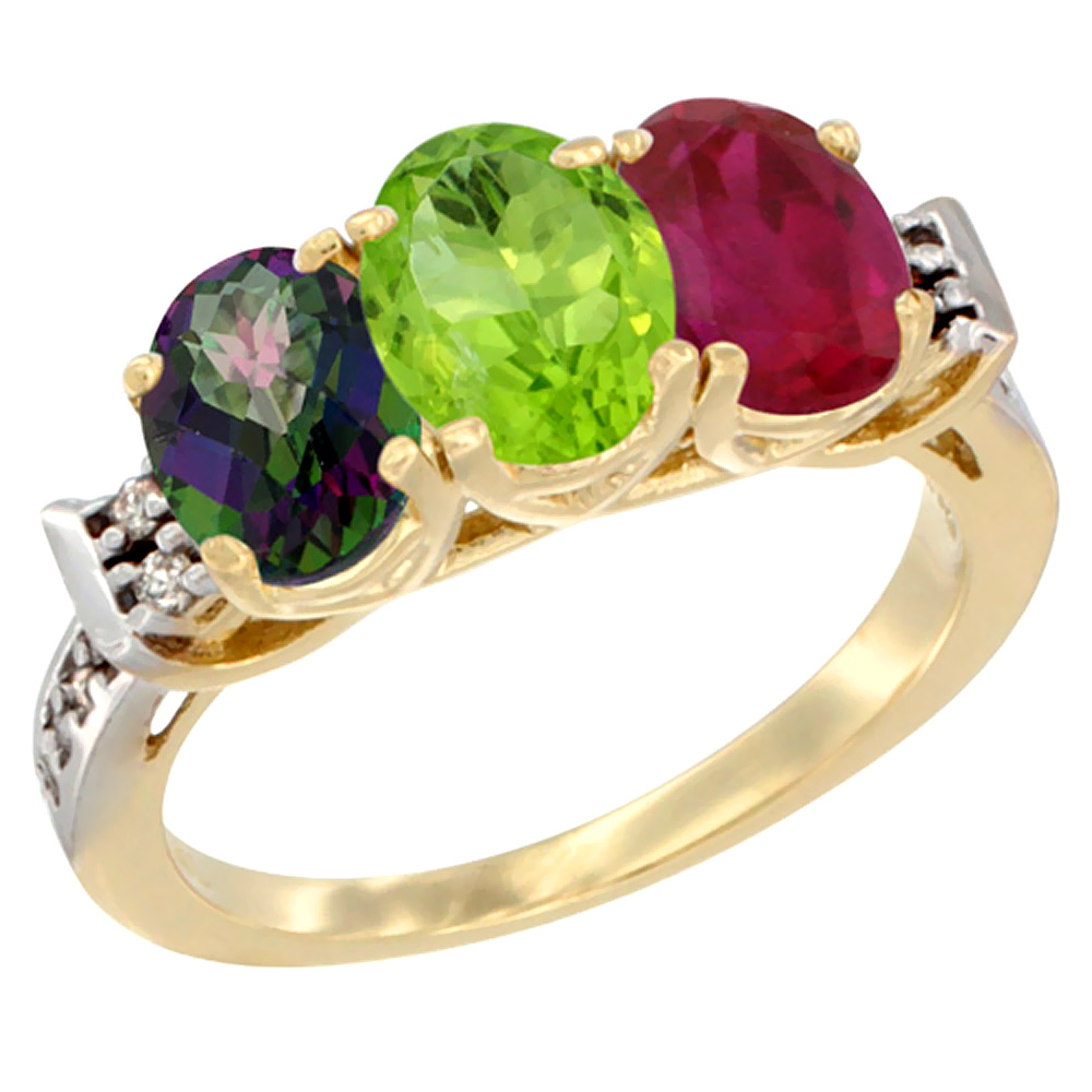 10K Yellow Gold Natural Mystic Topaz, Peridot & Enhanced Ruby Ring 3-Stone Oval 7x5 mm Diamond Accent, sizes 5 - 10