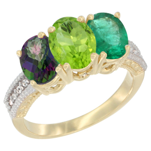 10K Yellow Gold Diamond Natural Mystic Topaz, Peridot & Emerald Ring 3-Stone 7x5 mm Oval, sizes 5 - 10