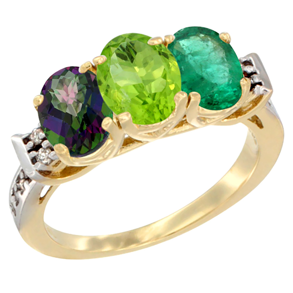 10K Yellow Gold Natural Mystic Topaz, Peridot & Emerald Ring 3-Stone Oval 7x5 mm Diamond Accent, sizes 5 - 10