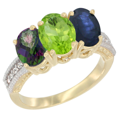 10K Yellow Gold Diamond Natural Mystic Topaz, Peridot & Blue Sapphire Ring 3-Stone 7x5 mm Oval, sizes 5 - 10