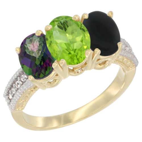 10K Yellow Gold Diamond Natural Mystic Topaz, Peridot & Black Onyx Ring 3-Stone 7x5 mm Oval, sizes 5 - 10