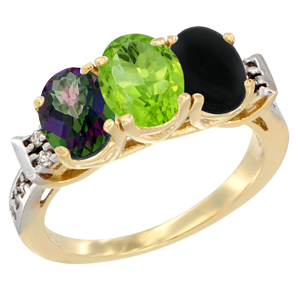 10K Yellow Gold Natural Mystic Topaz, Peridot & Black Onyx Ring 3-Stone Oval 7x5 mm Diamond Accent, sizes 5 - 10