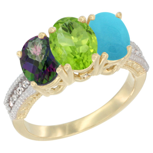 10K Yellow Gold Diamond Natural Mystic Topaz, Peridot & Turquoise Ring 3-Stone 7x5 mm Oval, sizes 5 - 10