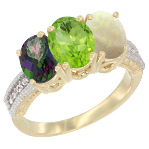 10K Yellow Gold Diamond Natural Mystic Topaz, Peridot & Opal Ring 3-Stone 7x5 mm Oval, sizes 5 - 10