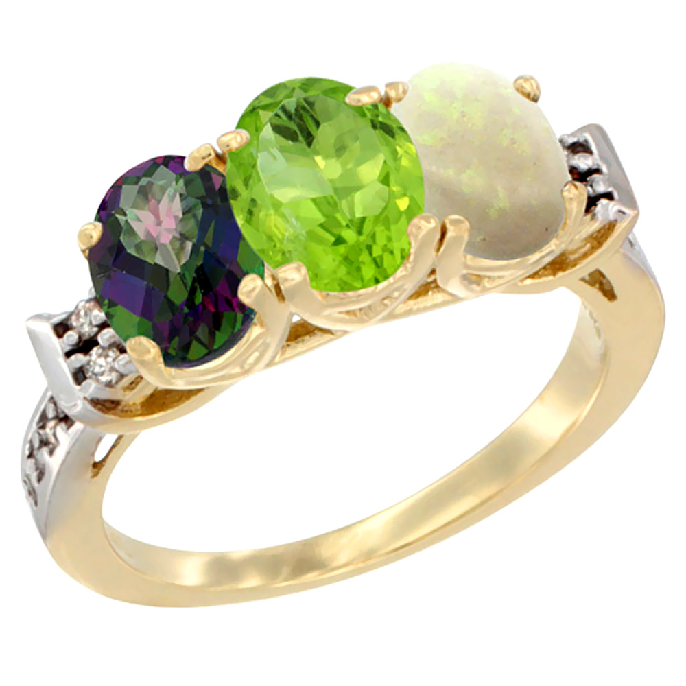 10K Yellow Gold Natural Mystic Topaz, Peridot & Opal Ring 3-Stone Oval 7x5 mm Diamond Accent, sizes 5 - 10