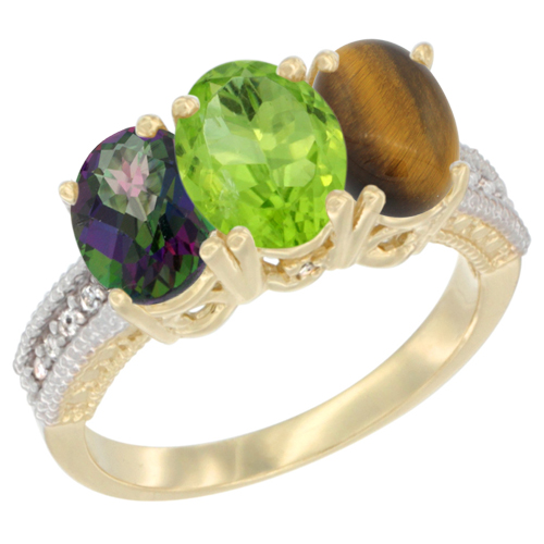 10K Yellow Gold Diamond Natural Mystic Topaz, Peridot & Tiger Eye Ring 3-Stone 7x5 mm Oval, sizes 5 - 10