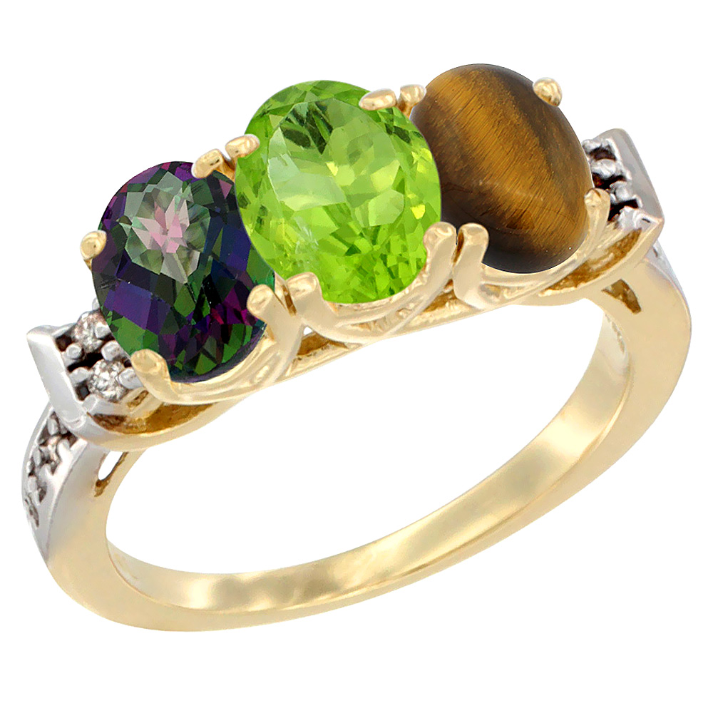 10K Yellow Gold Natural Mystic Topaz, Peridot & Tiger Eye Ring 3-Stone Oval 7x5 mm Diamond Accent, sizes 5 - 10