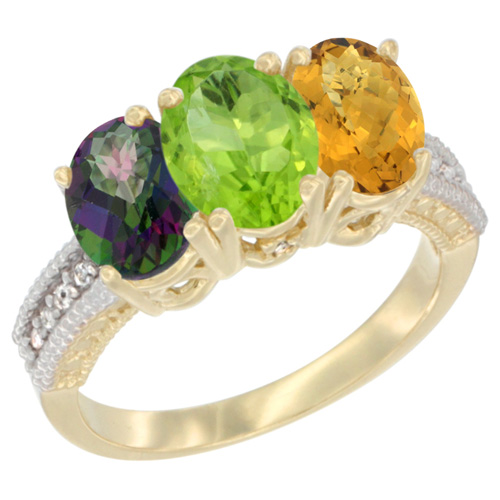 10K Yellow Gold Diamond Natural Mystic Topaz, Peridot & Whisky Quartz Ring 3-Stone 7x5 mm Oval, sizes 5 - 10