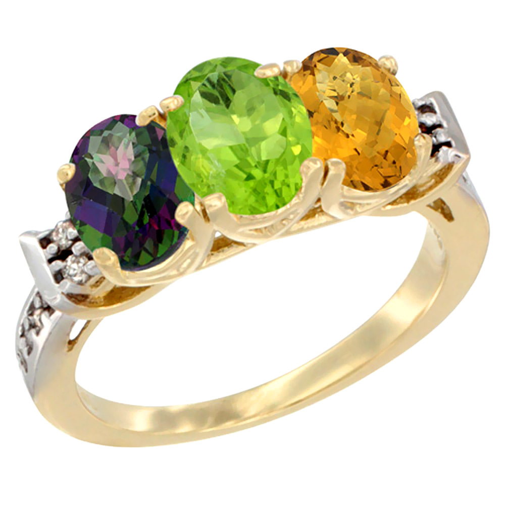 10K Yellow Gold Natural Mystic Topaz, Peridot & Whisky Quartz Ring 3-Stone Oval 7x5 mm Diamond Accent, sizes 5 - 10