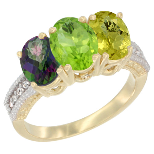 10K Yellow Gold Diamond Natural Mystic Topaz, Peridot & Lemon Quartz Ring 3-Stone 7x5 mm Oval, sizes 5 - 10
