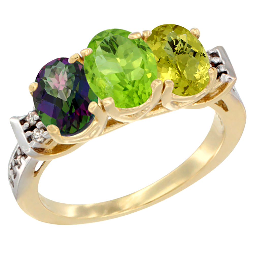 10K Yellow Gold Natural Mystic Topaz, Peridot & Lemon Quartz Ring 3-Stone Oval 7x5 mm Diamond Accent, sizes 5 - 10