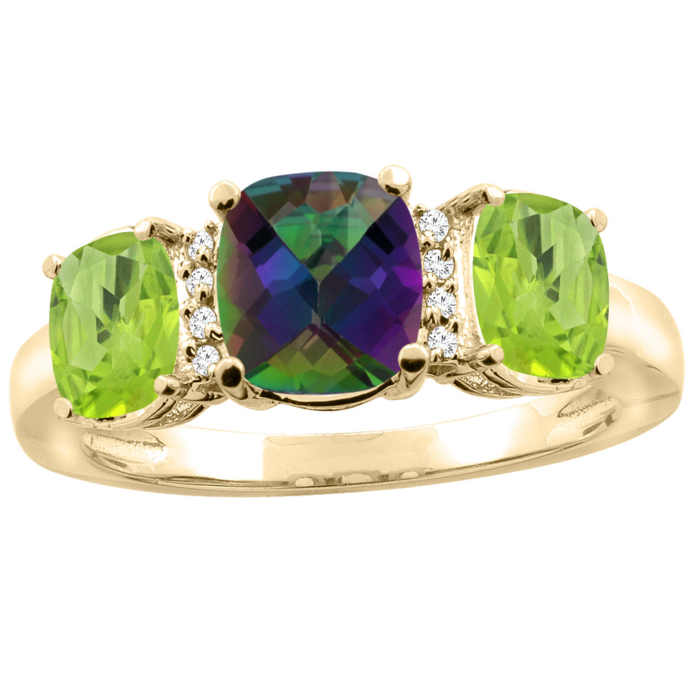 10K Yellow Gold Natural Mystic Topaz & Peridot 3-stone Ring Cushion 8x6mm Diamond Accent, sizes 5 - 10