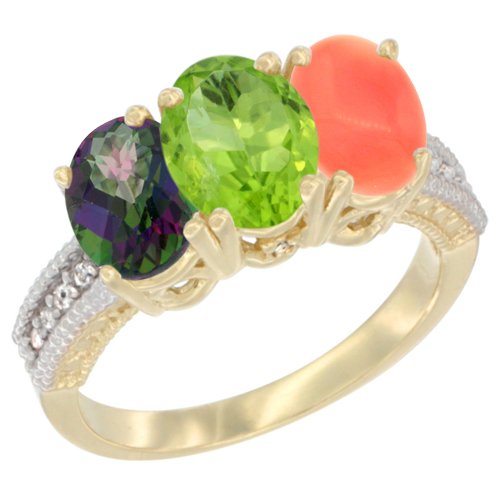 10K Yellow Gold Diamond Natural Mystic Topaz, Peridot & Coral Ring 3-Stone 7x5 mm Oval, sizes 5 - 10