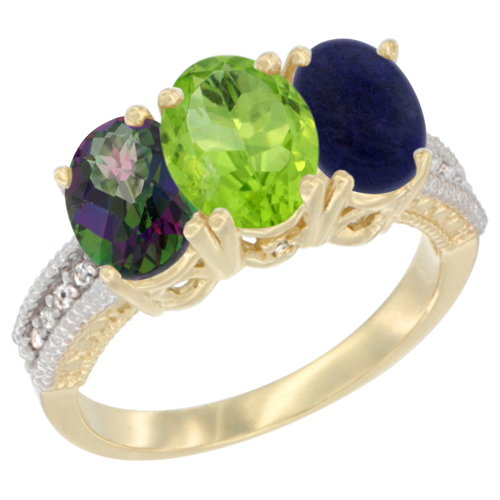 10K Yellow Gold Diamond Natural Mystic Topaz, Peridot & Lapis Ring 3-Stone 7x5 mm Oval, sizes 5 - 10
